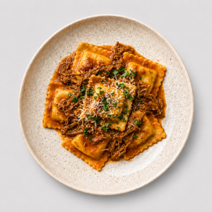 Beef Ravioli With Slow-Braised Brisket Ragù Stroganoff