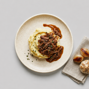 Slow-Braised Pulled Beef Brisket With Classic Homestyle Gravy & Creamy Mash